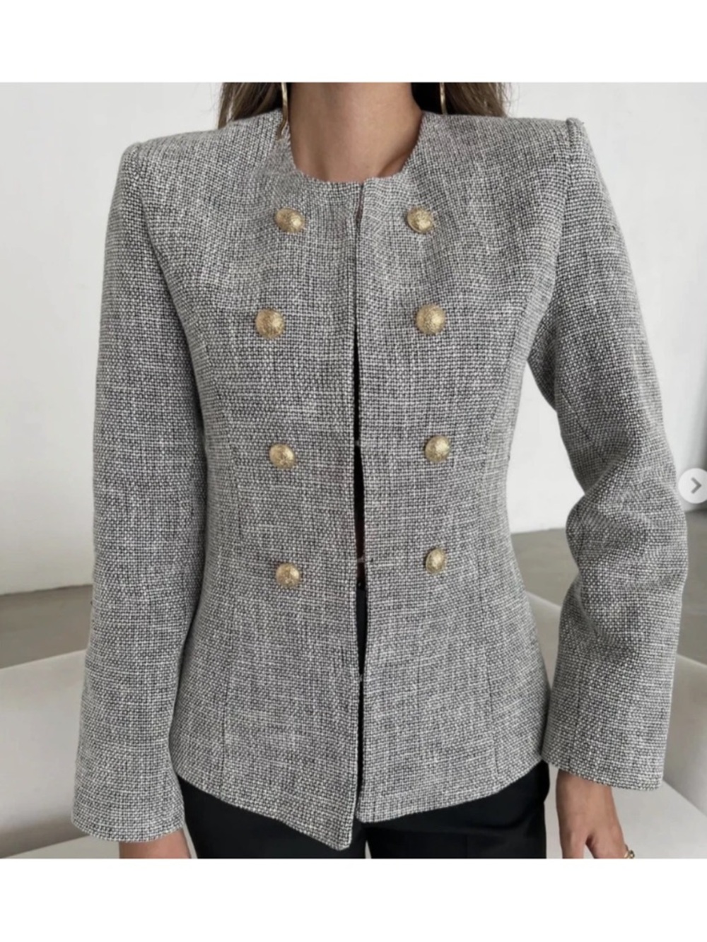 Zara Textured Tailored Round Neck Blazer  black gold white Xl